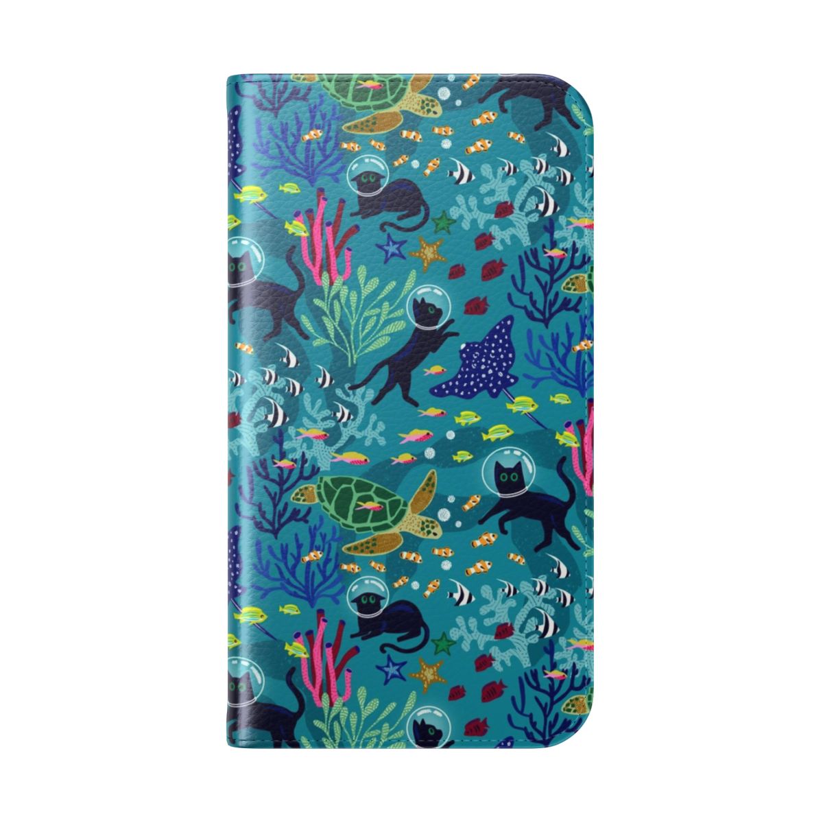 Colorful phone case cover featuring a pattern of cats exploring a coral reef underwater scene. - Folded Back