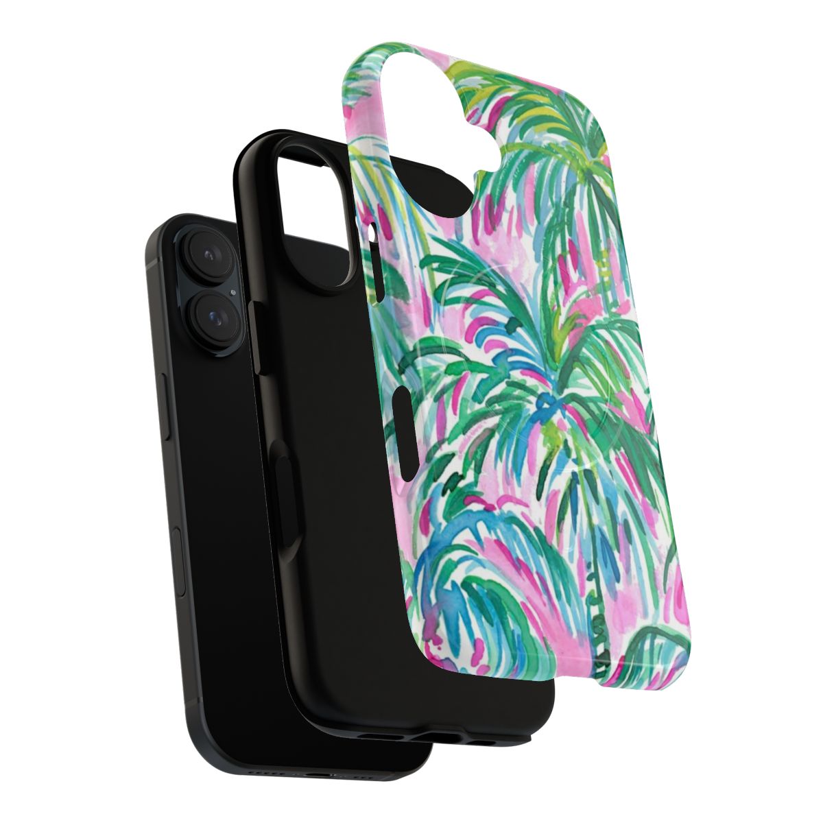 A durable pink and white palm tree patterned phone case with a magnetic closure. - Layers