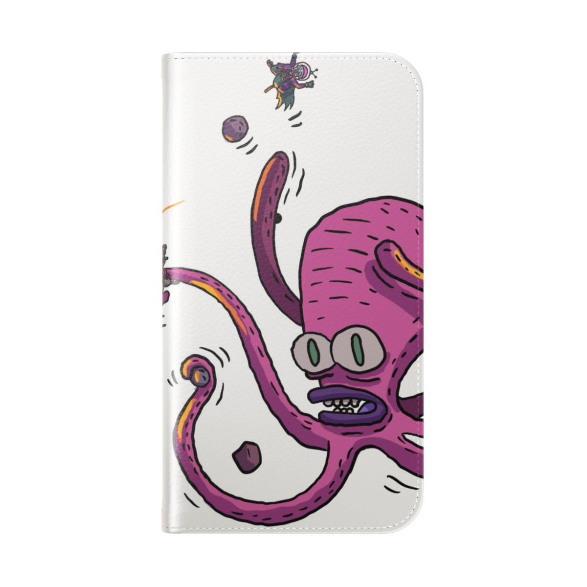 Vibrant and whimsical phone case featuring a space octopus creature on a starry, cosmic background - Folded Back