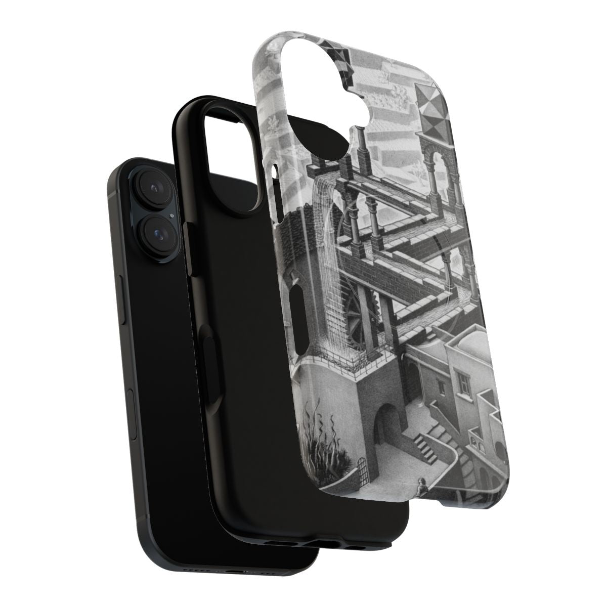 Minimalist phone case featuring the iconic M.C. Escher Impossible Waterfall design - Layers