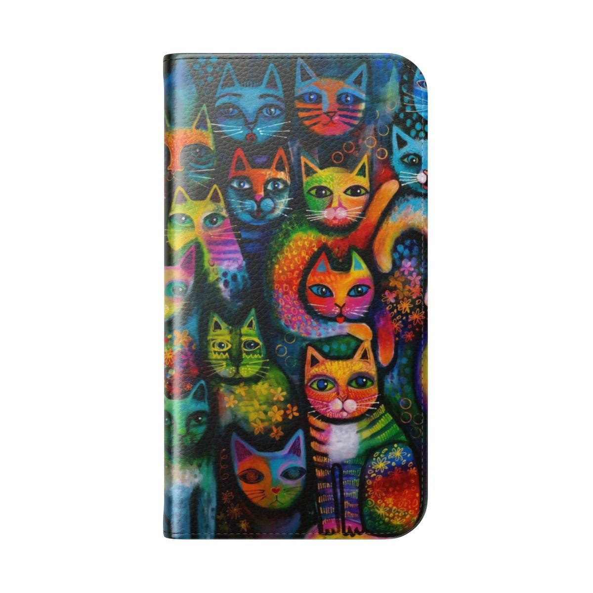 Colorful and whimsical phone case with abstract cat design by artist Karinzeller - Folded Back