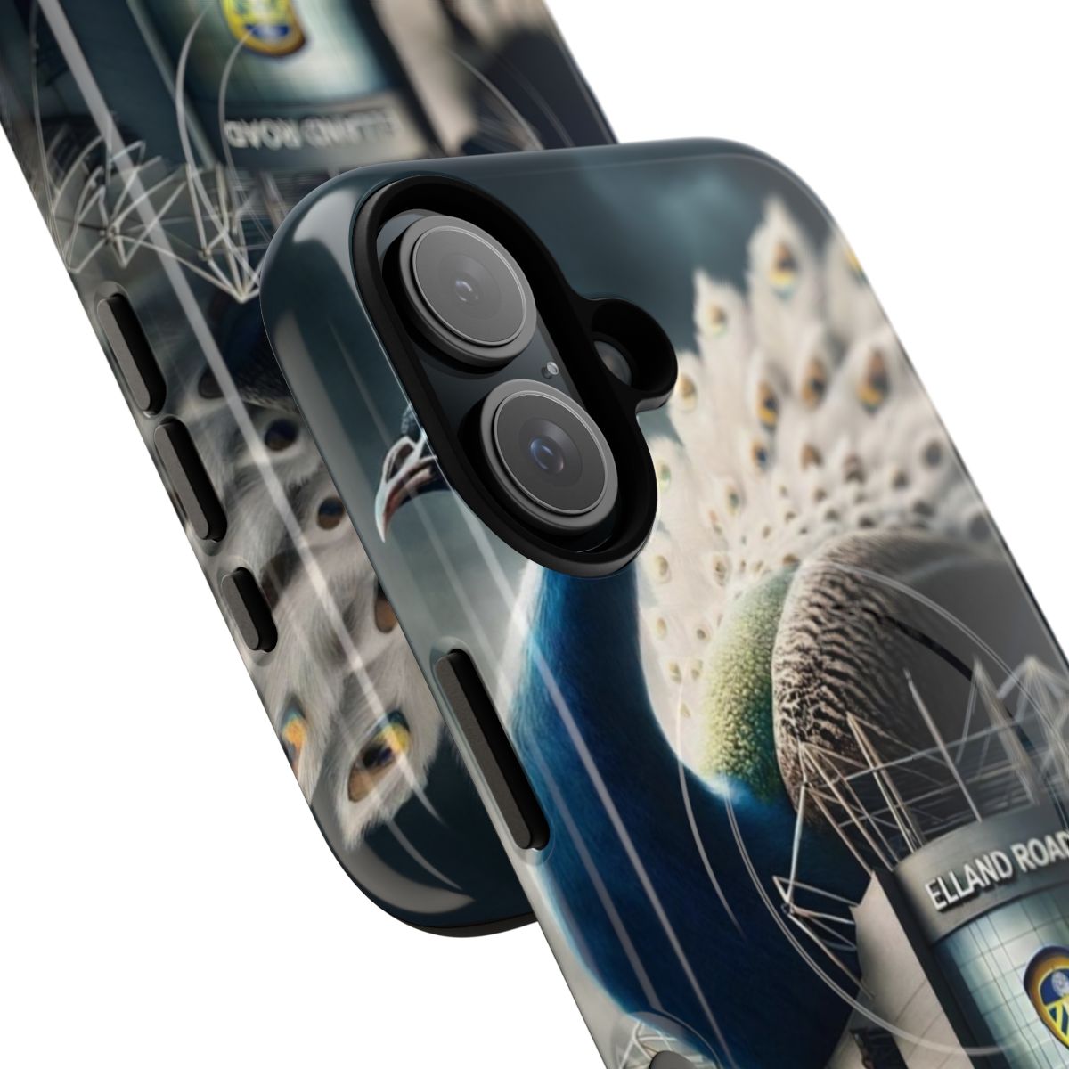 Elegant phone case featuring a majestic peacock design with the Elland Road stadium in a stormy, dramatic sky. - Detail