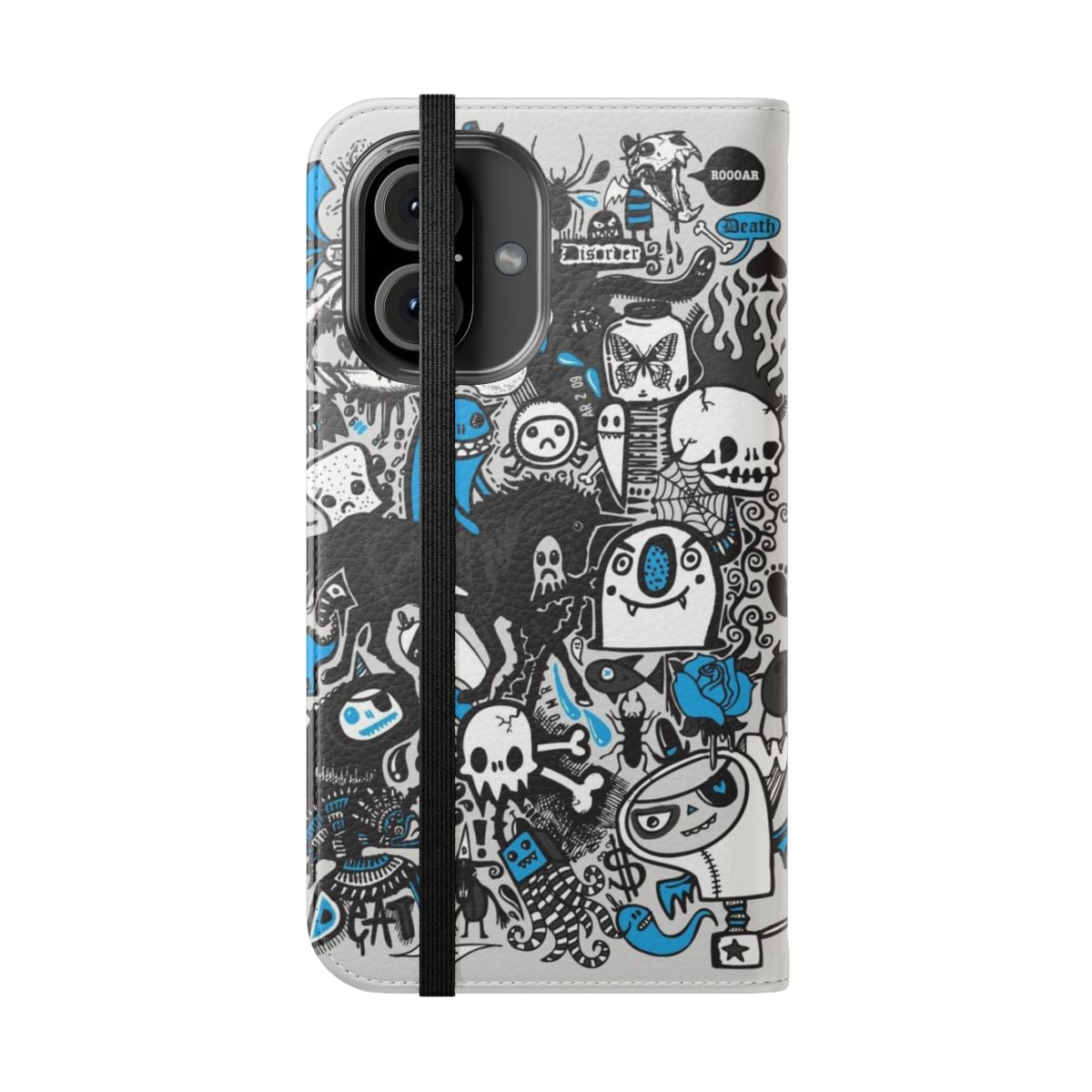 Edgy doodle art phone case with skulls, eyeballs, and dark aesthetic elements - Folded Front