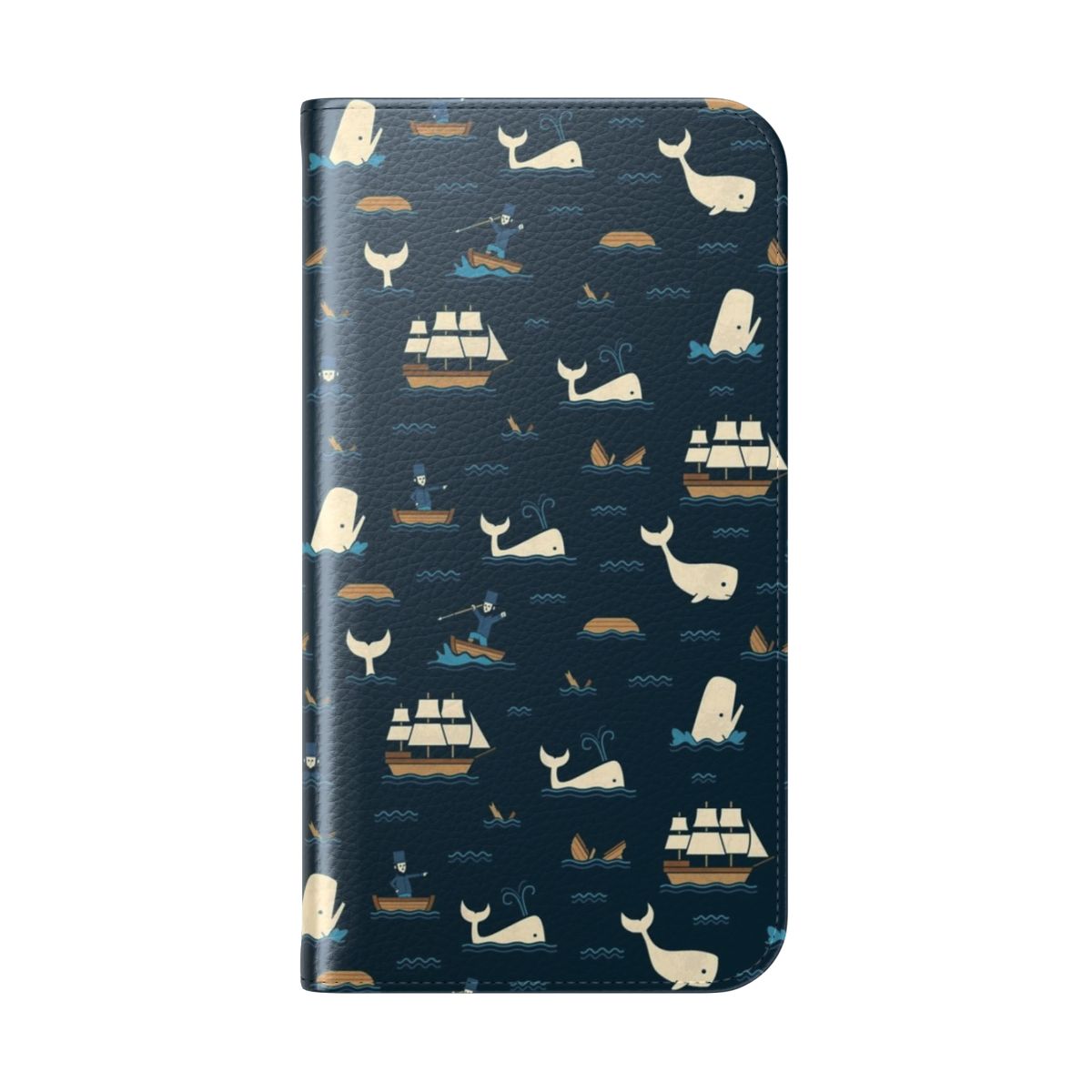 Whale pattern phone case with blue and navy colors, inspired by the novel Moby Dick - Folded Back