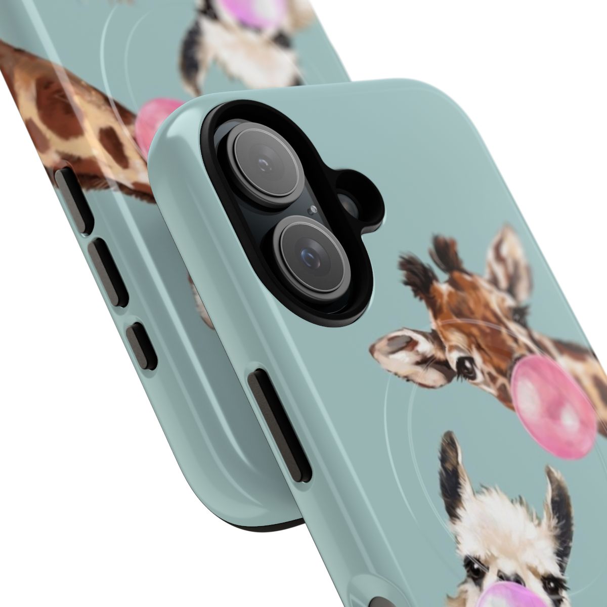 Colorful phone case featuring a playful design with llamas, ostriches, and giraffes - Detail