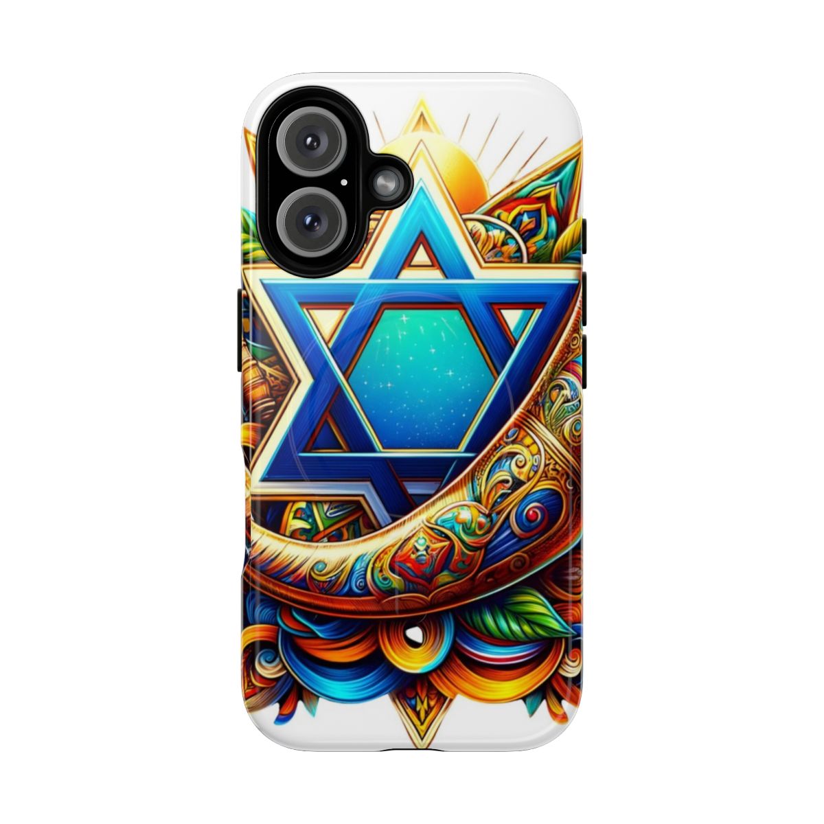 Magnetic tough phone case with Israel-inspired design featuring Star of David, Shofar, and Hamsa