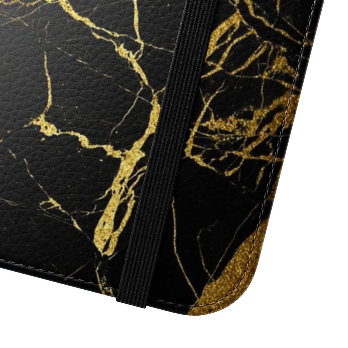 A sleek and stylish phone case featuring a luxurious marble texture with gold glitter highlights. - Close Up