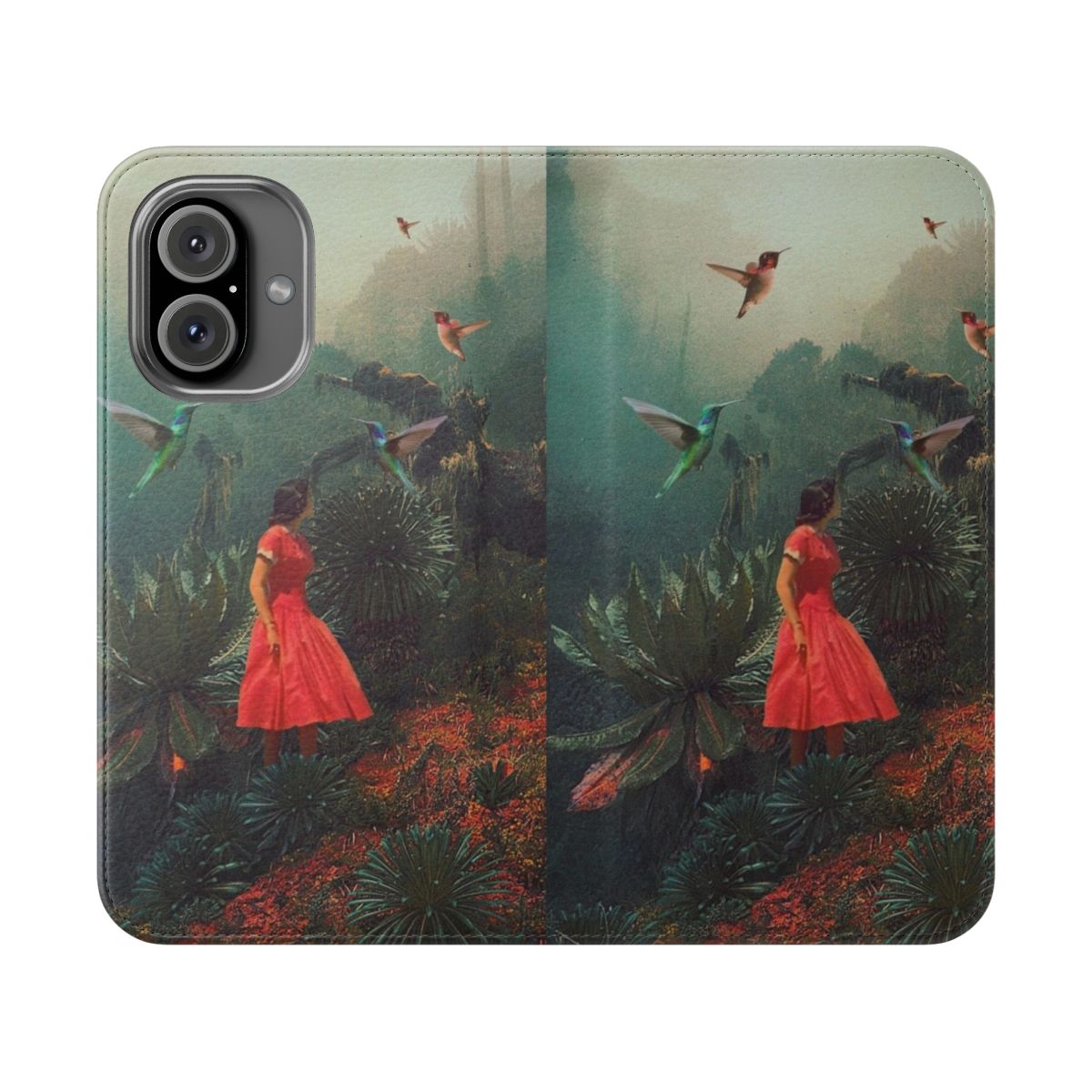 Botanical nature-inspired collage phone case with surreal forest, moody floral, and rainy elements.