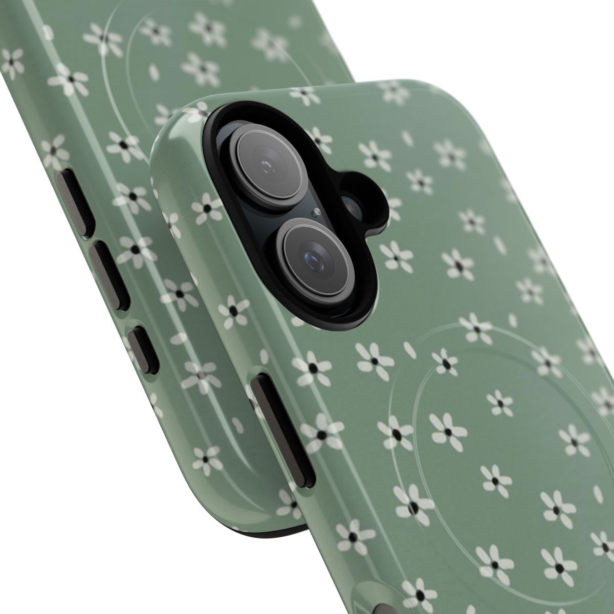 Vibrant sage daisies in a lush, natural setting on a durable magnetic phone case - Detail