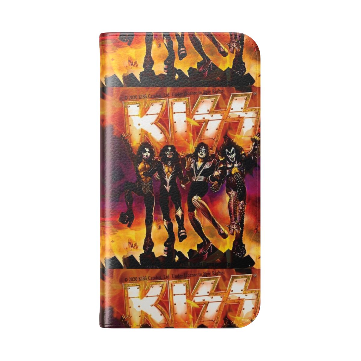 Flip cover phone case featuring artwork inspired by the rock band KISS. - Folded Back