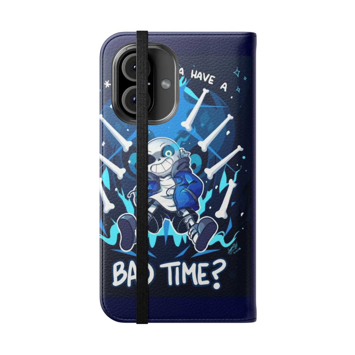 Undertale-themed flip cover phone case with Sans character design - Folded Front