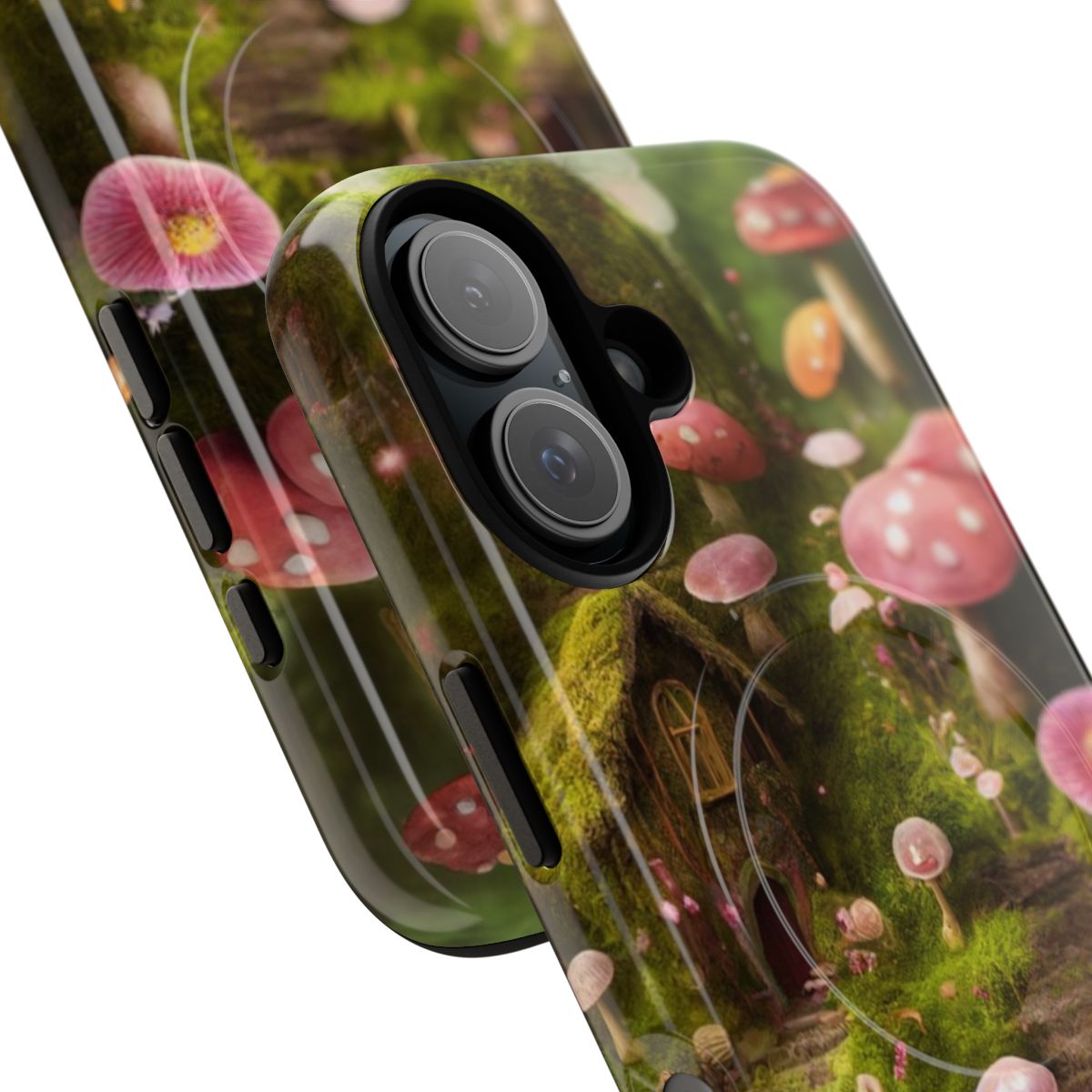 Fairy house phone case with a magical, fantastical design featuring mushrooms, forests, and fairy elements. - Detail