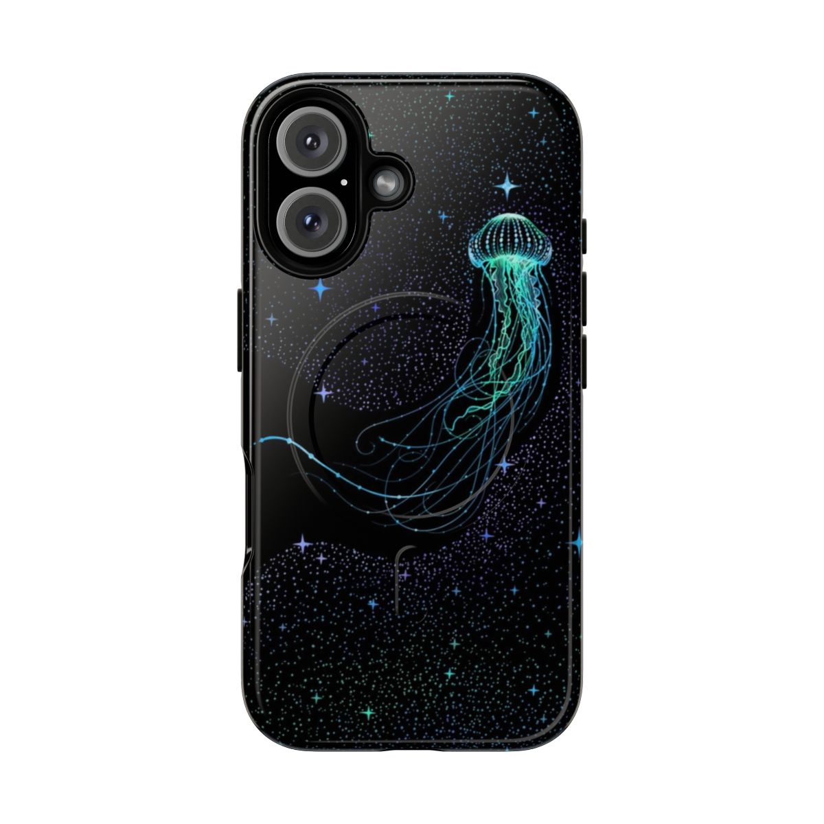 Artistic phone case featuring a colorful, starry jellyfish design on a black background.