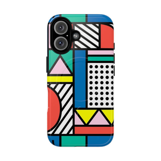 Colorful phone case with geometric Memphis-inspired pattern