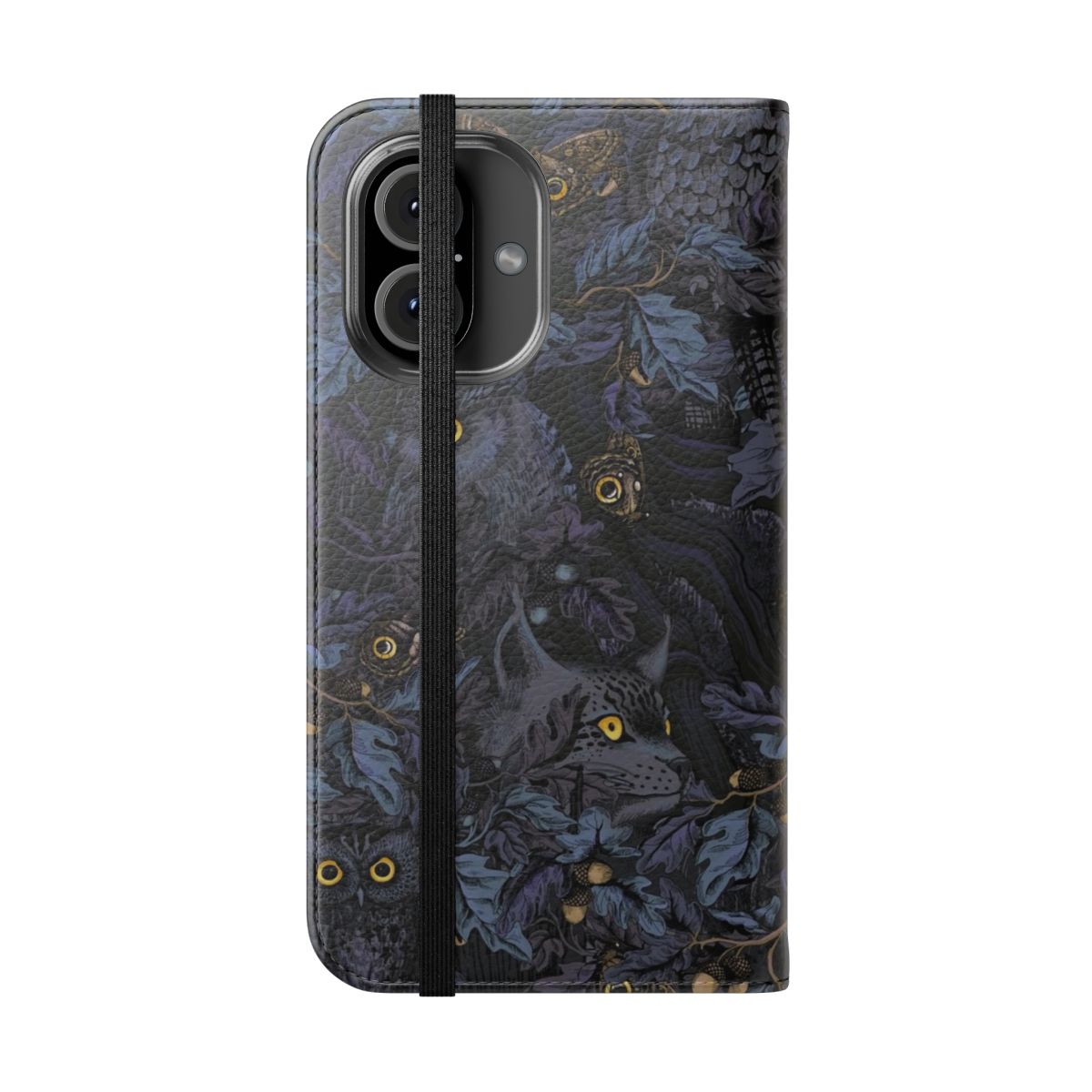 Flip cover phone case with a nature-inspired camouflage design in shades of blue - Folded Front