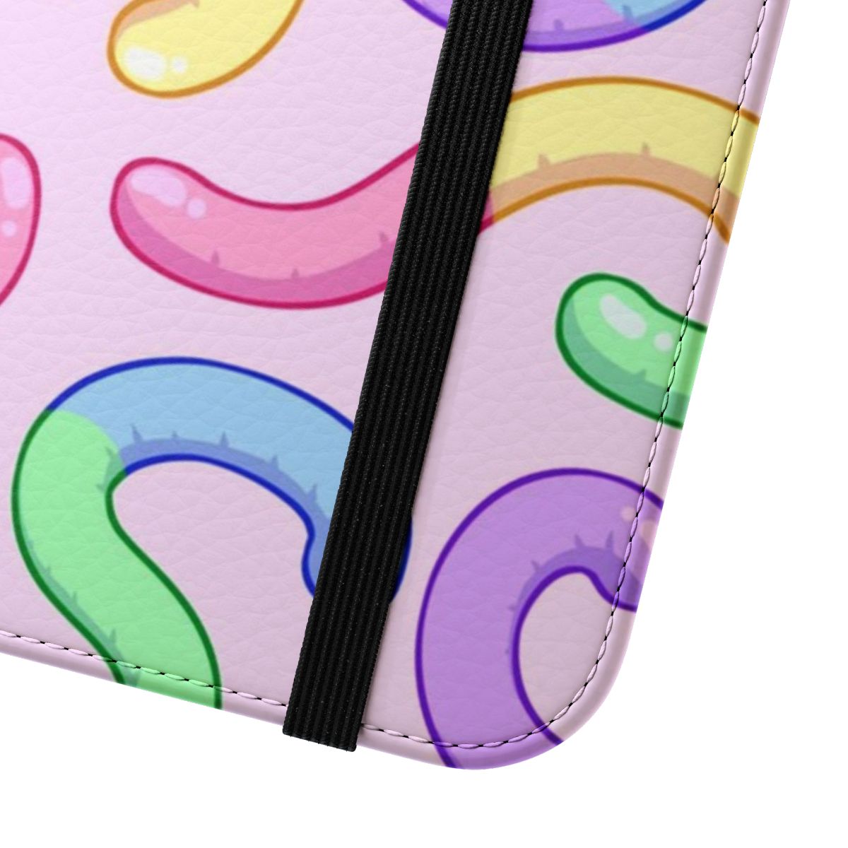 Pastel-colored phone case with a cute gummy worm pattern design - Close Up