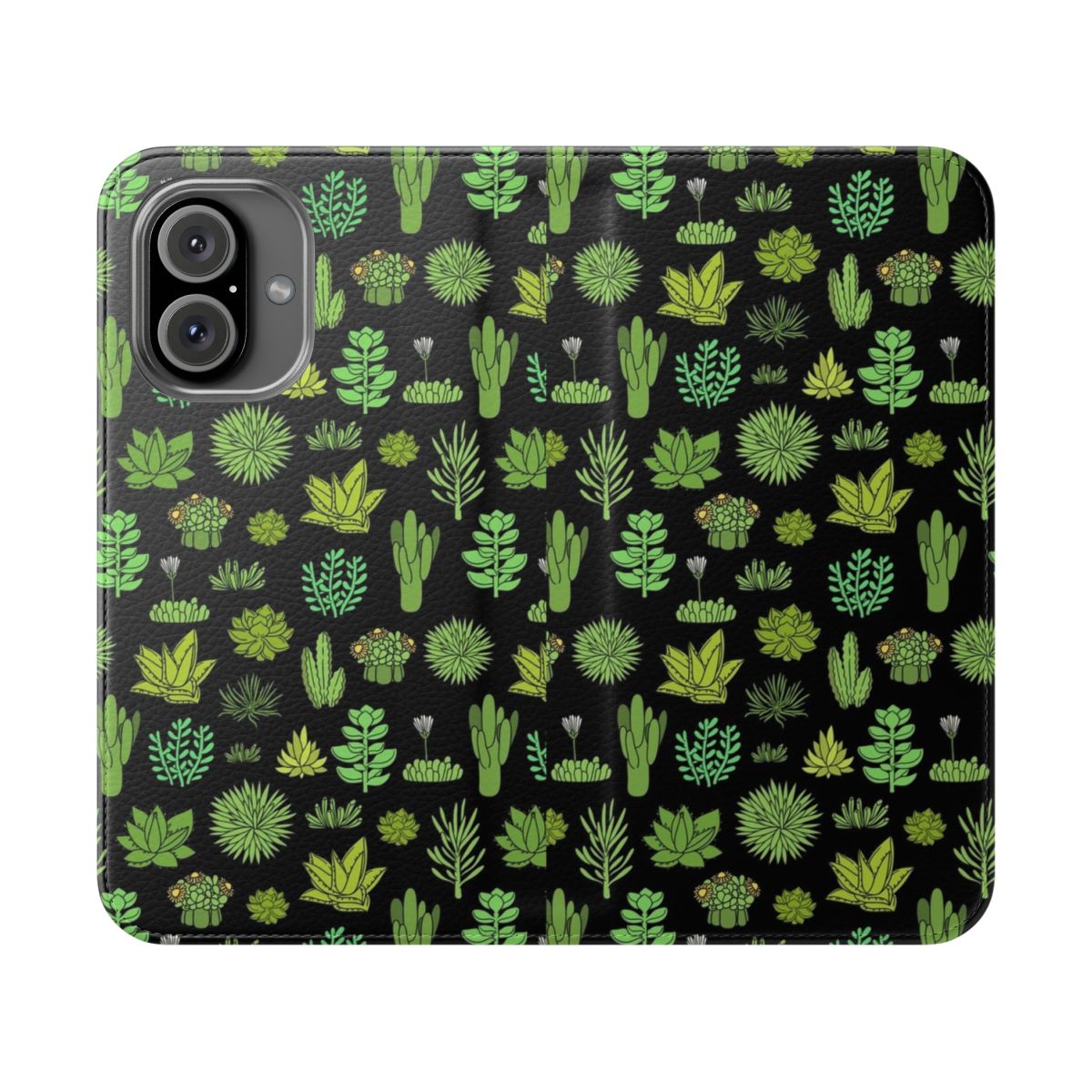 Colorful phone case featuring a design of succulents and cacti against a white background