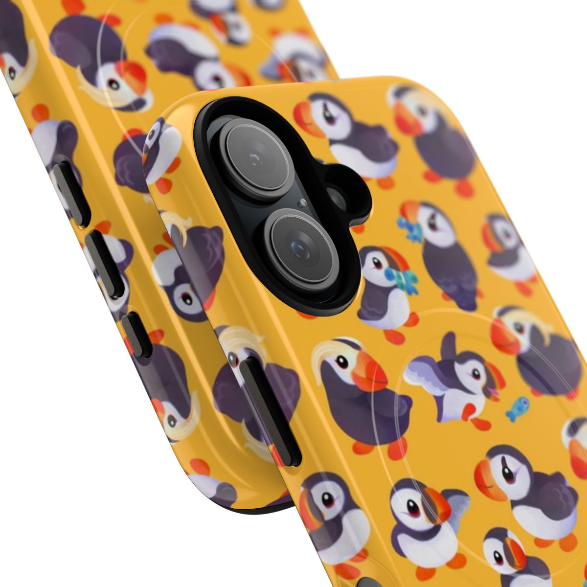 Bright yellow puffin phone case with a cute, kawaii design for bird enthusiasts - Detail