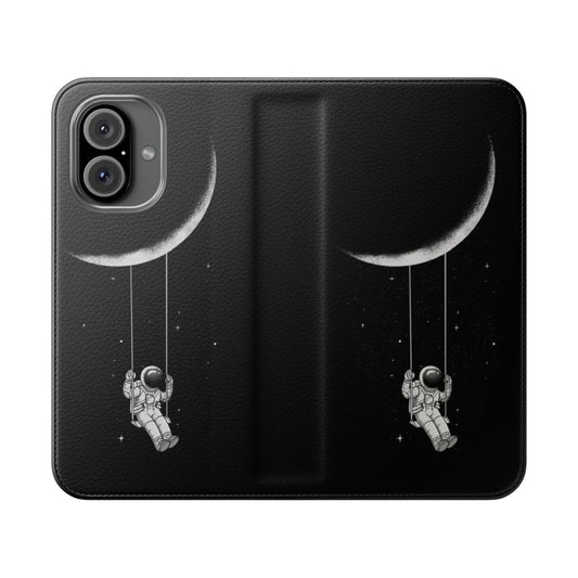 Minimalist black and white phone case with abstract "moon swing" design for sci-fi enthusiasts