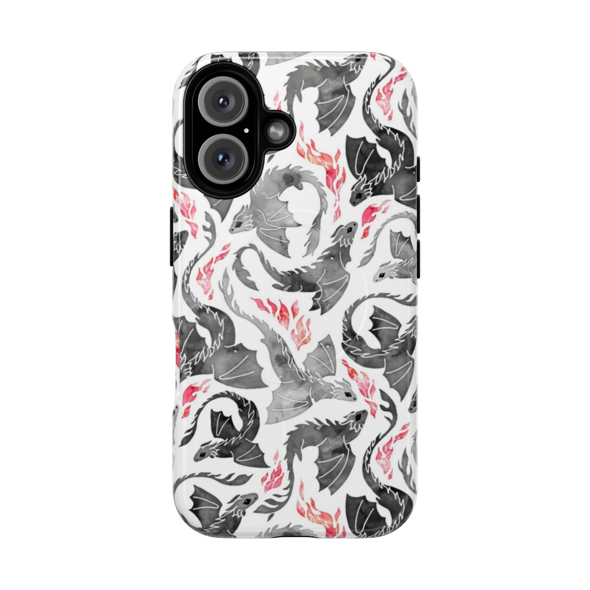 A phone case with a seamless design featuring a fantastical, fire-breathing dragon in shades of grey and black.