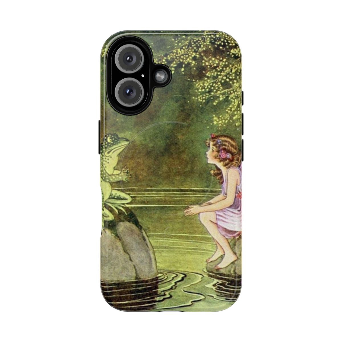 Whimsical phone case featuring a frog and fairy conversation in an enchanted forest, inspired by the artwork of Ida Rentoul Outhwaite.