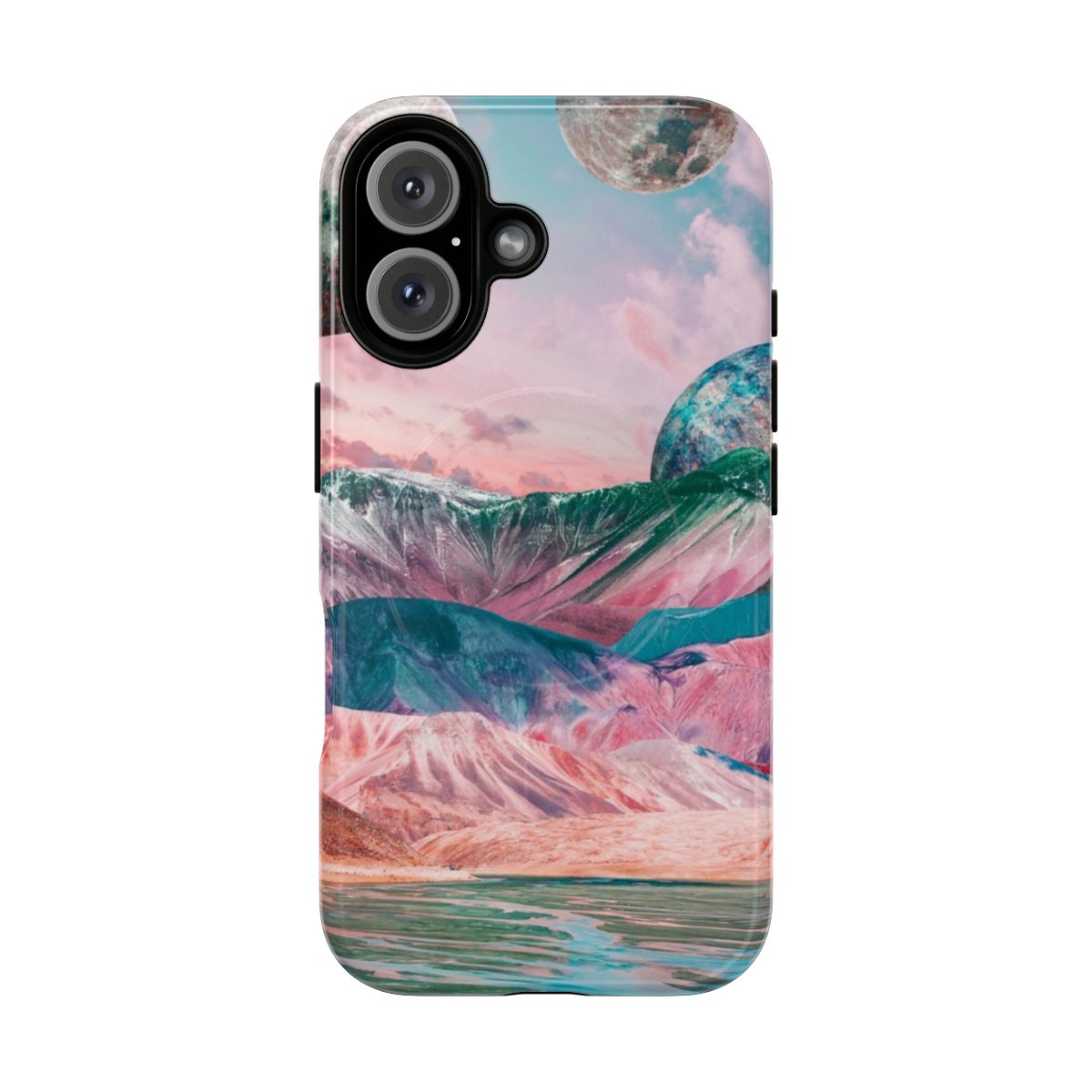 Colorful phone case with unique collage artwork featuring landscapes, galaxies, and other natural elements.