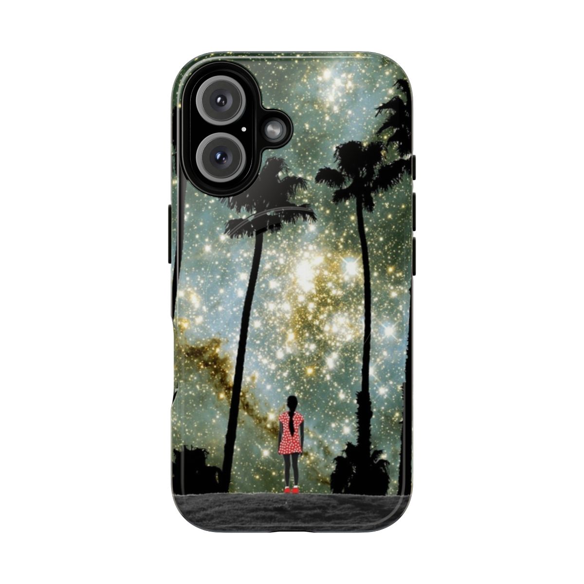 Dreamy galaxy and space-themed phone case with stars, nature, and polka dots