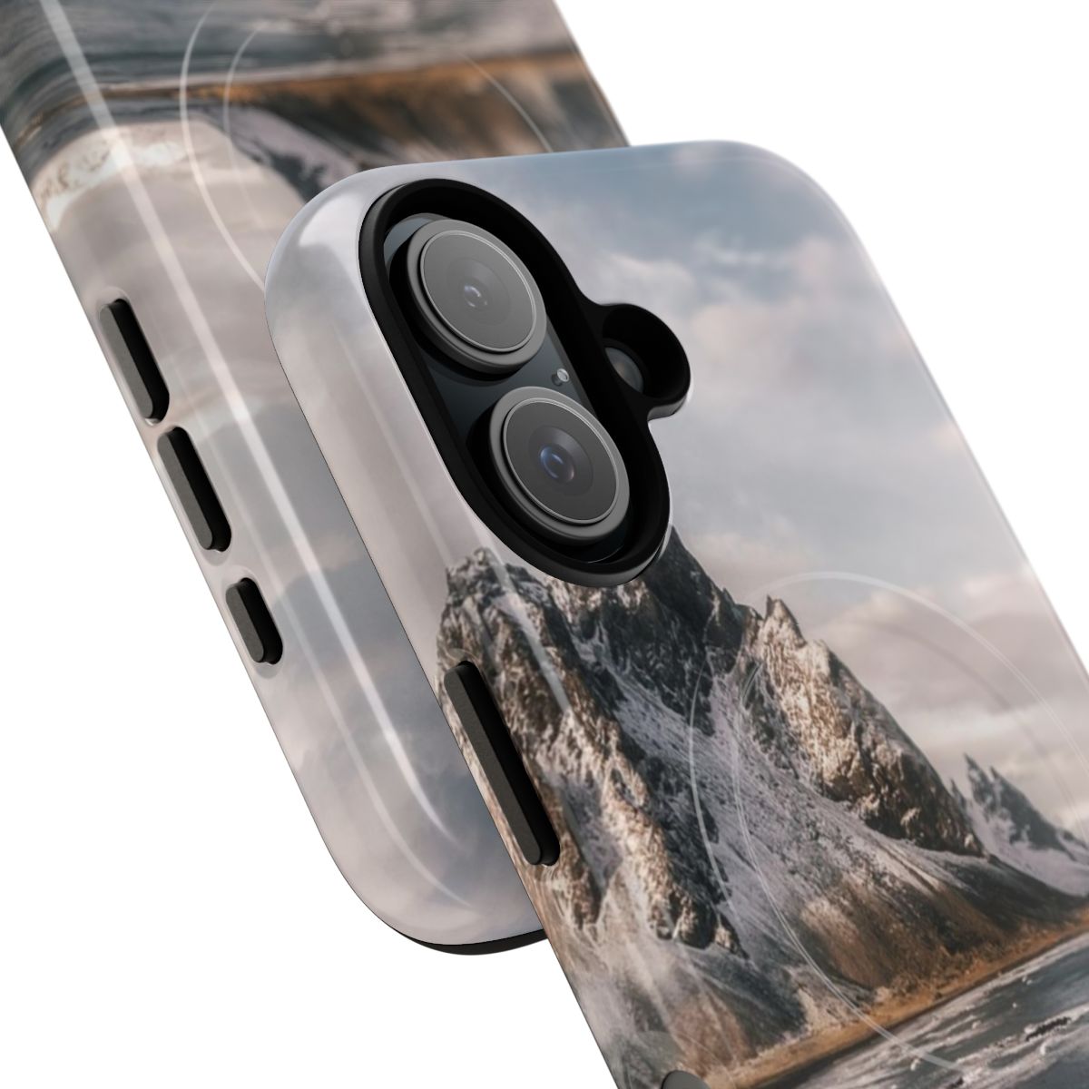 Magnetic tough phone case with a breathtaking landscape photography image of the Stokksnes beach in Iceland, featuring mountains, sunset, and waves. - Detail