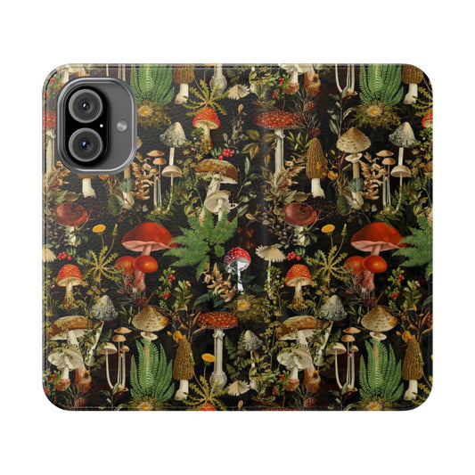 Vintage botanical phone case featuring a dark, psychedelic mushroom and floral pattern