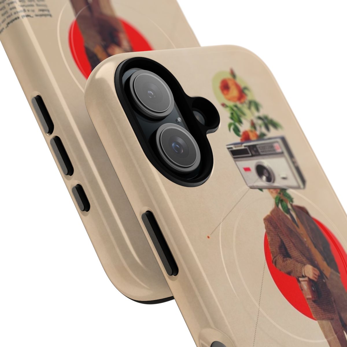 A collage of vintage graphics, including a camera, typography, and floral elements, on a sleek, protective phone case. - Detail