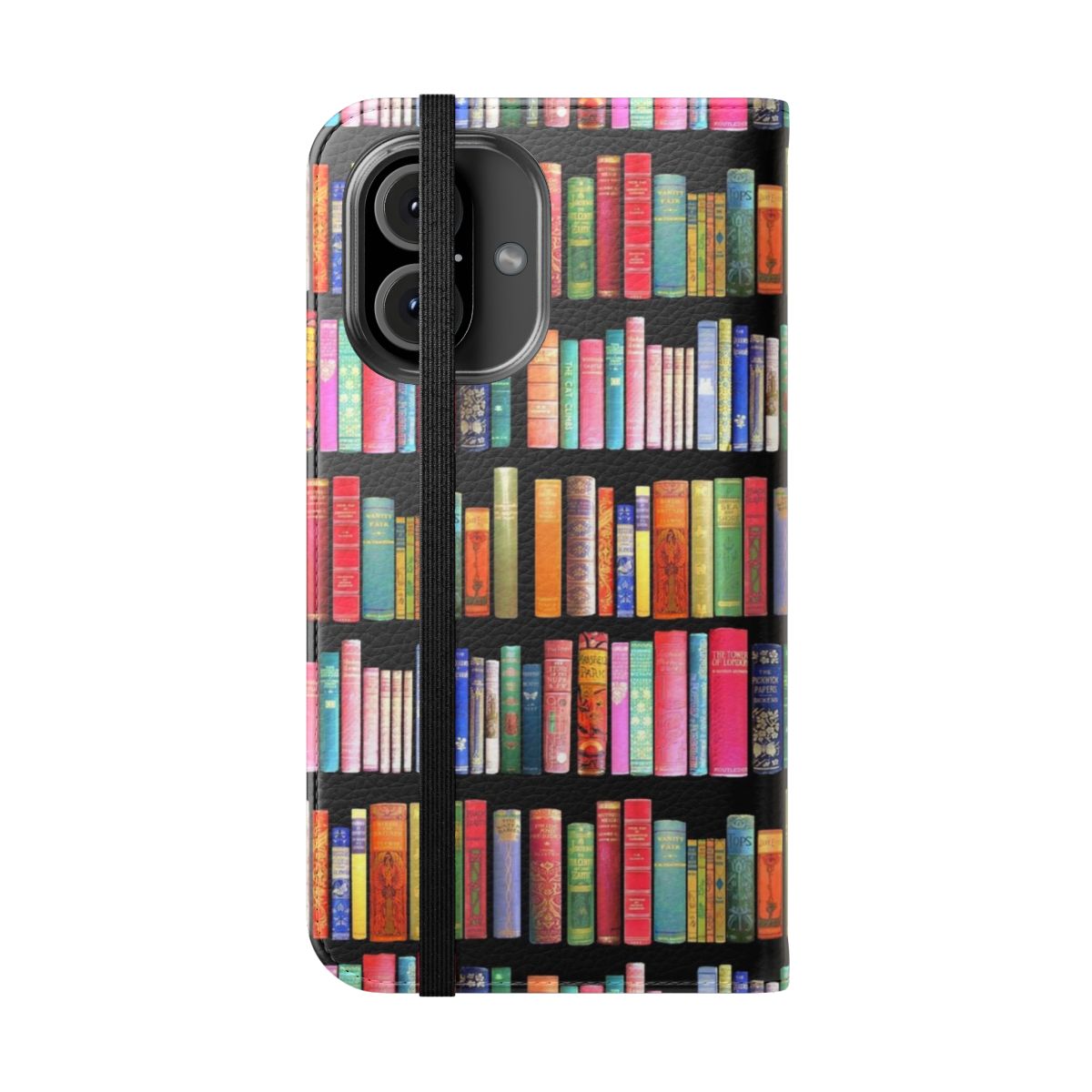 Vintage book-themed flip cover phone case with antique bookshelf design for book lovers and bibliophiles - Folded Front