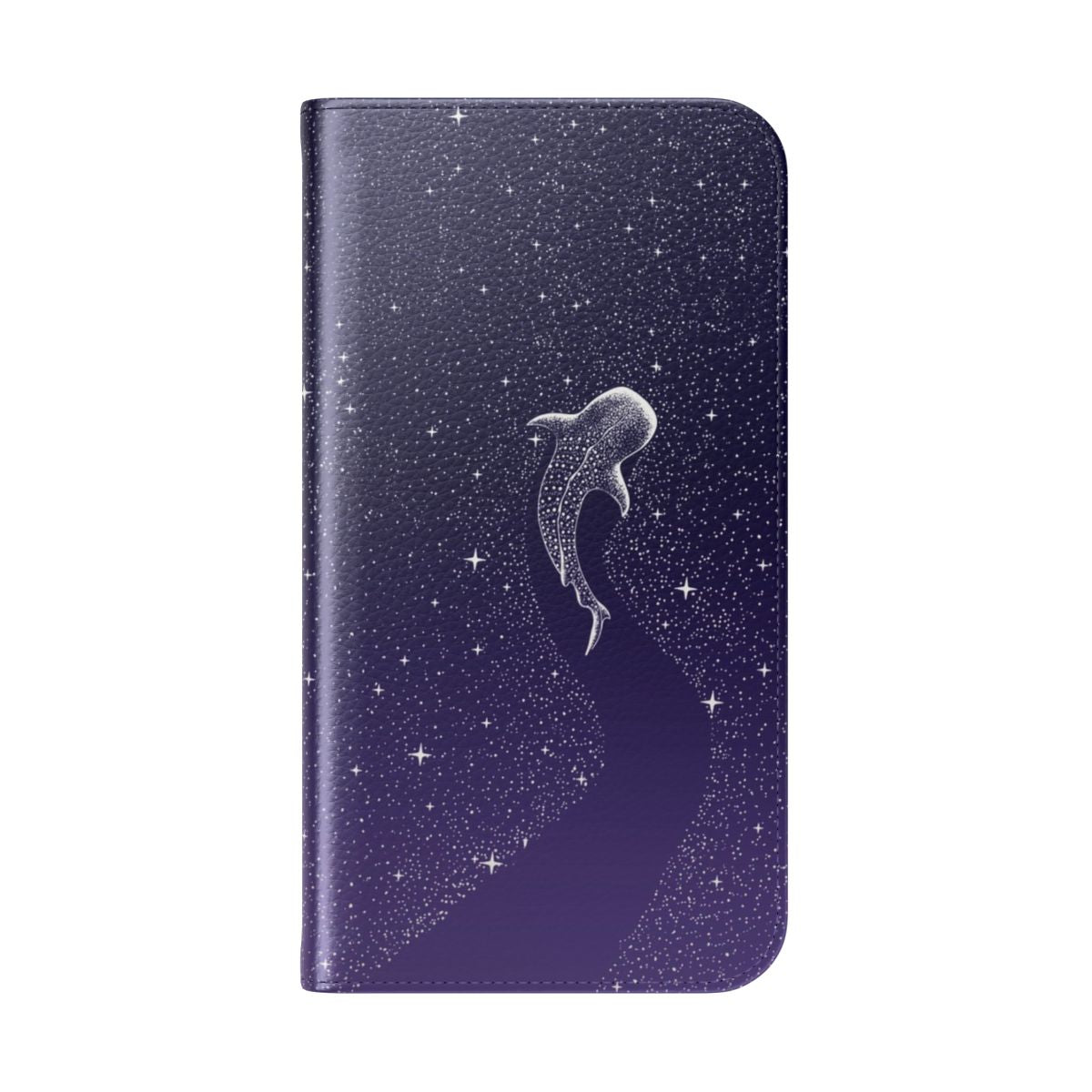 A flip cover phone case featuring a surreal, nature-inspired design with a whale shark swimming amidst a cosmic, starry space landscape. - Folded Back