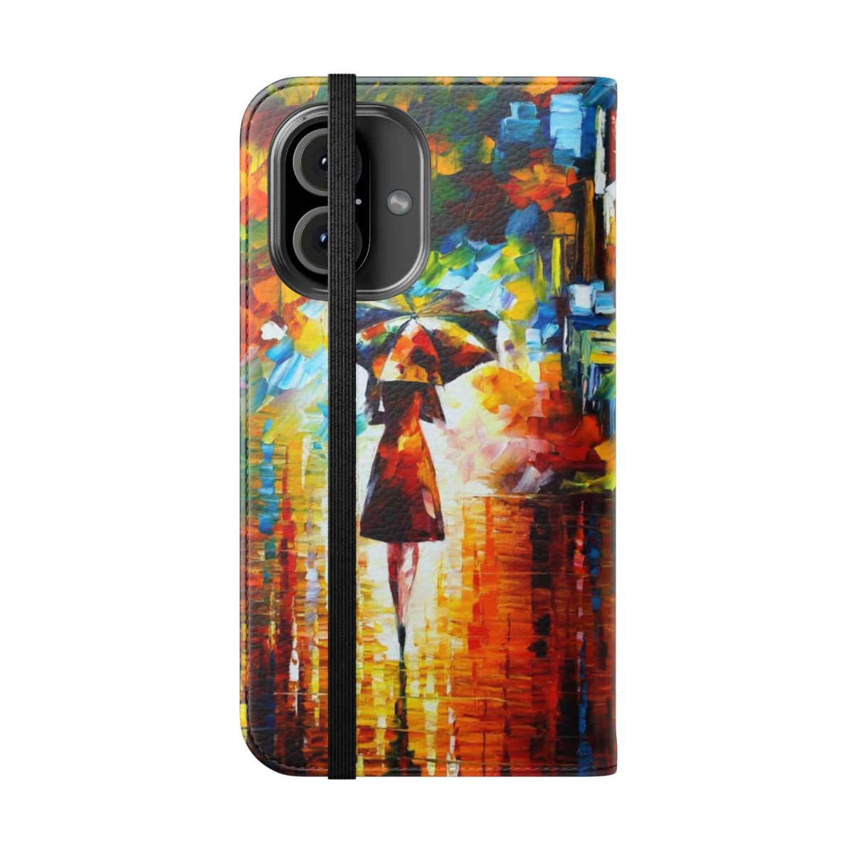 Flip cover phone case with an artistic oil painting design by Leonid Afremov featuring a wild cat in nature. - Folded Front