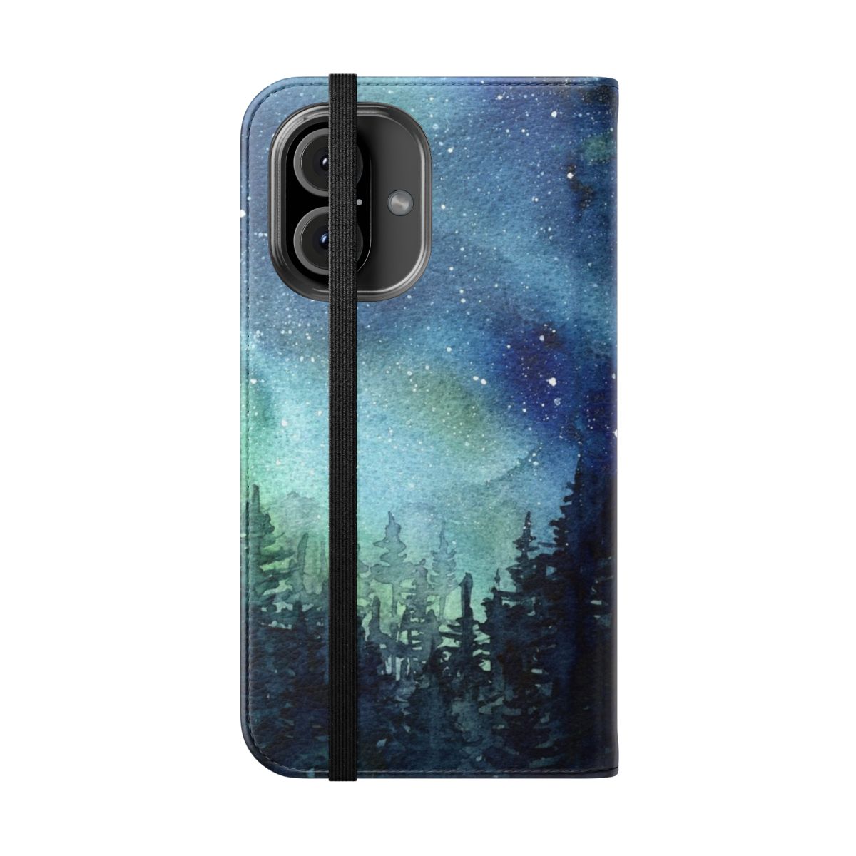 Watercolor painting of a cosmic galaxy nebula with aurora northern lights on a phone case - Folded Front