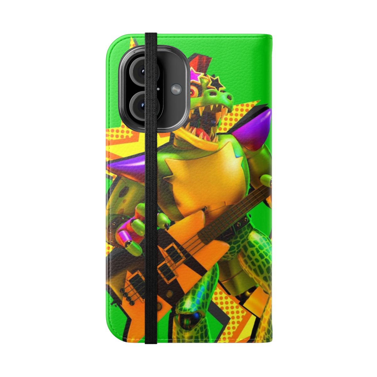 Sturdy flip cover phone case with a gator-inspired design, perfect for fans of Five Nights at Freddy's Security Breach. - Folded Front