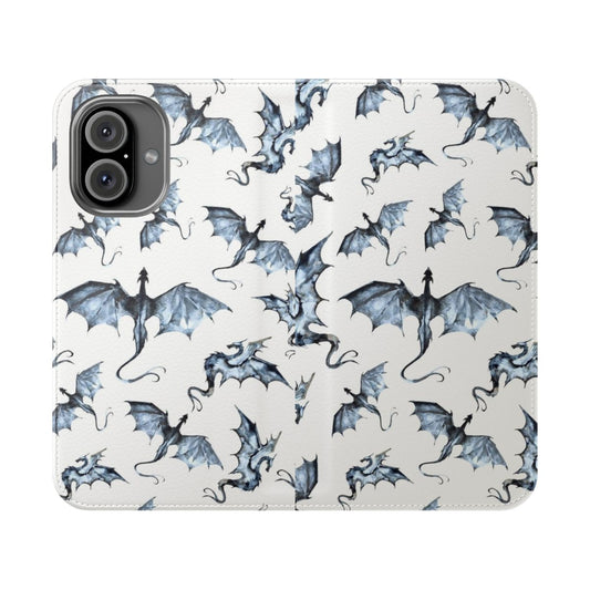 Watercolor illustration of a blue dragon on a flip phone case