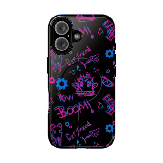 A vibrant, 3D-printed phone case with a cyberpunk-inspired design featuring gears, anime-style characters, and bold colors.