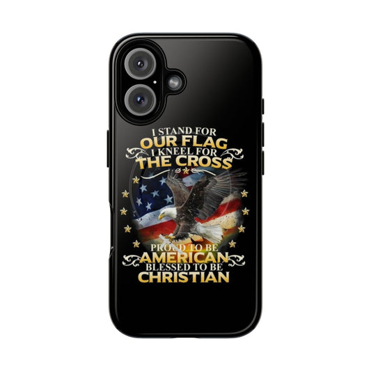 Patriotic American Christian phone case with American flag and Christian cross design