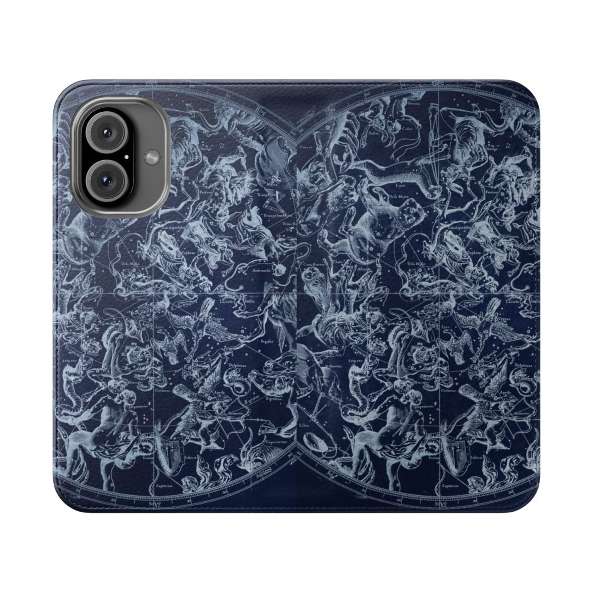 Vintage-style flip phone case featuring a celestial design with astrological signs and star constellations in a blue and white color scheme.