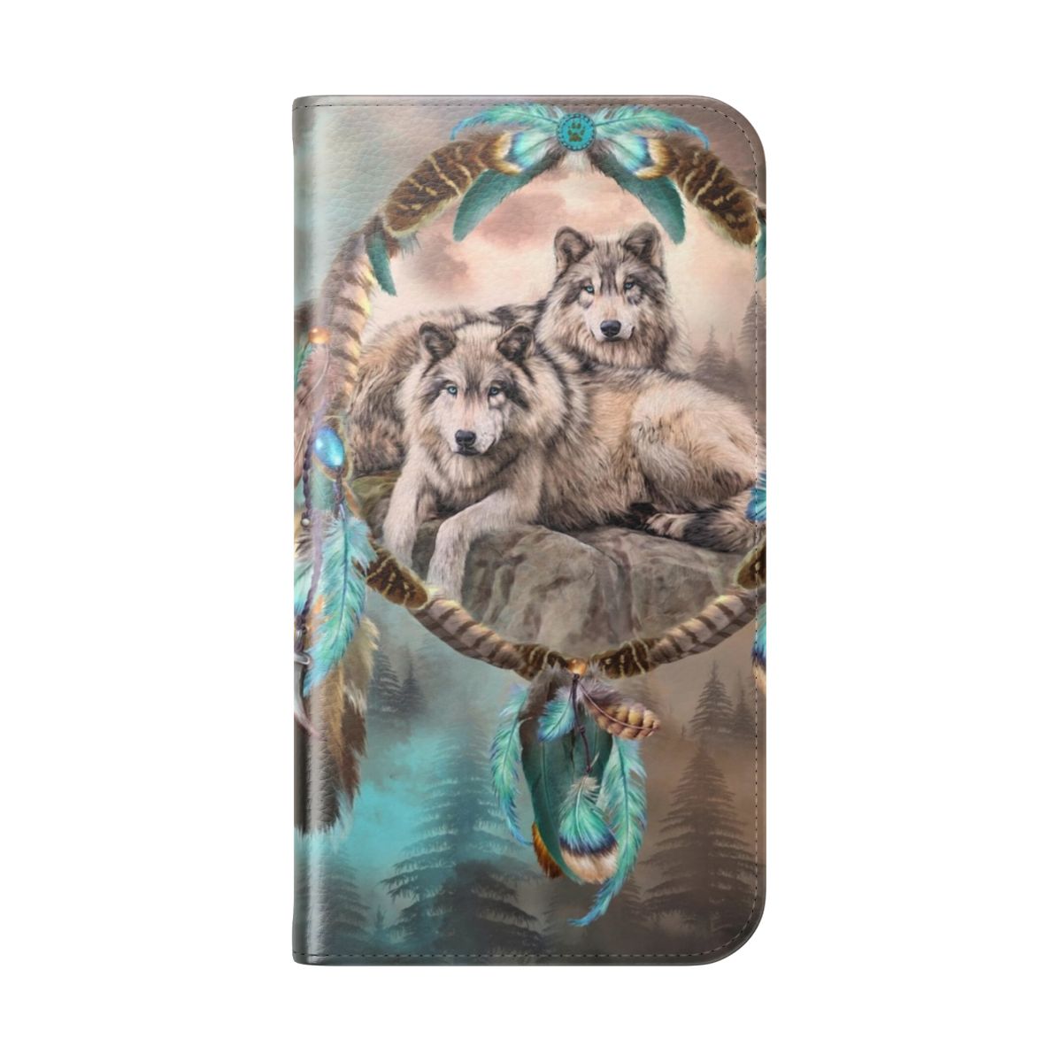 Flip cover phone case featuring a dreamcatcher design with two wolves together - Folded Back