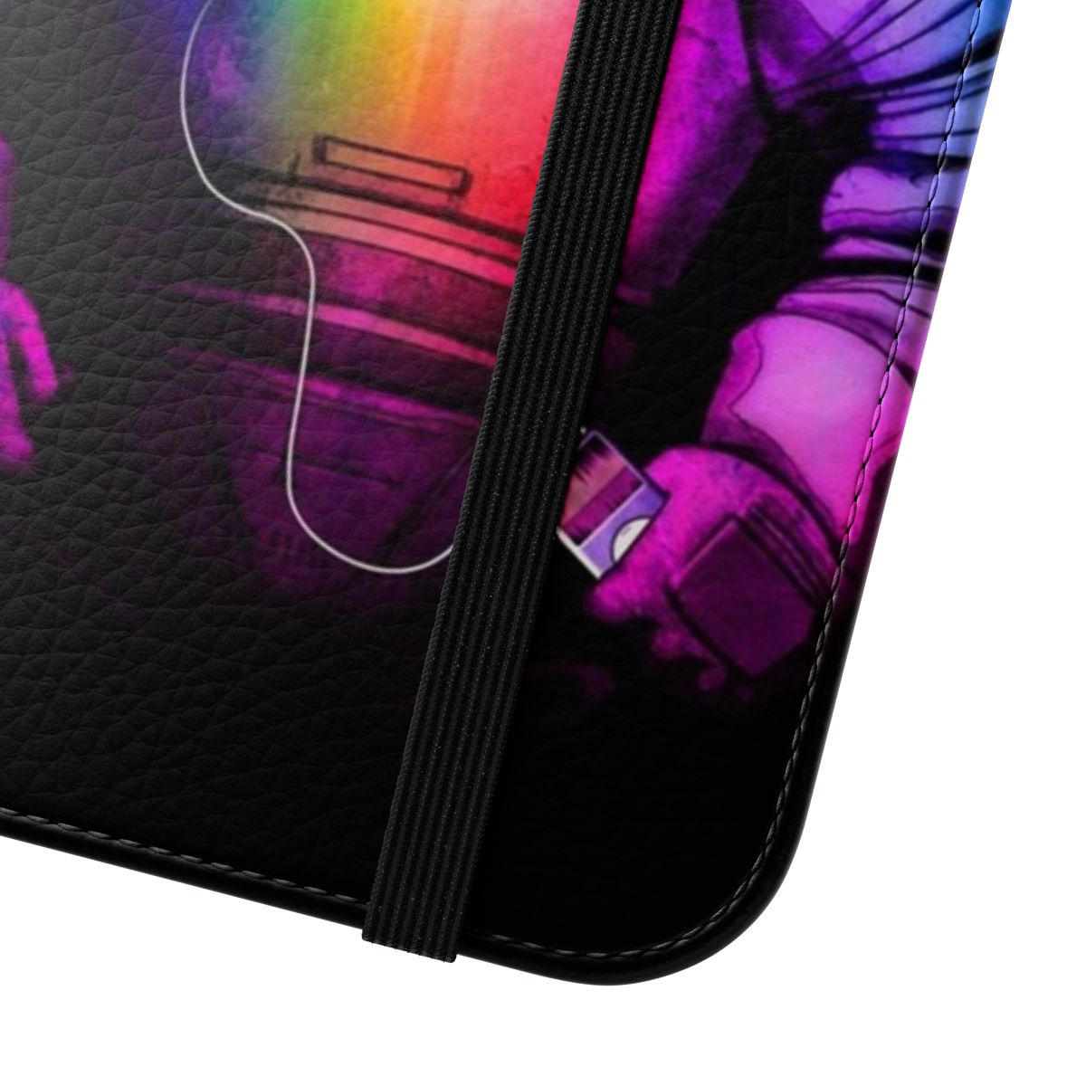 Flip cover phone case featuring a space and astronaut design with headphones and music notes. - Close Up