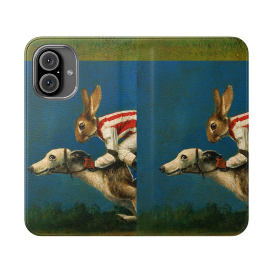 Whippet Racer themed flip cover phone case with an anthropomorphized whippet design