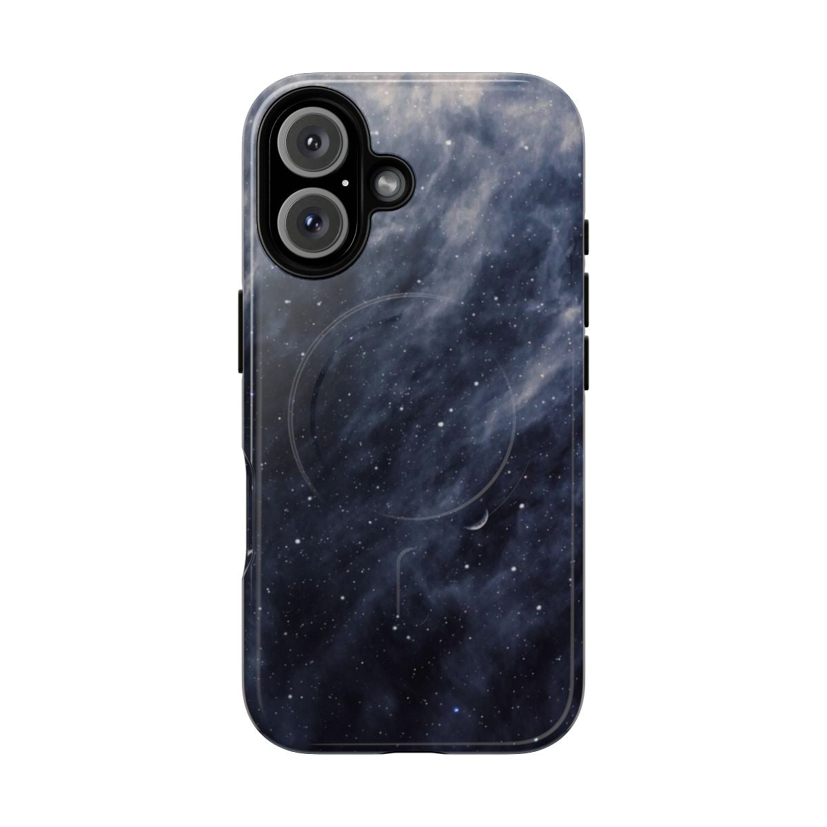 A phone case featuring a blue moon and clouds against a dark, moody night sky backdrop.