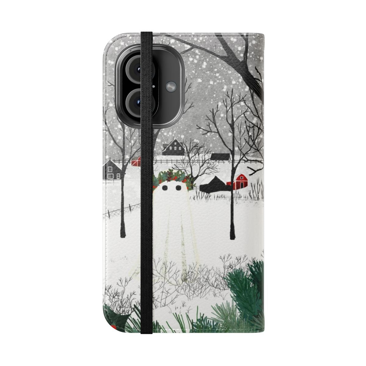 A flip cover phone case featuring a winter landscape with holly, pine, and ghostly elements. - Folded Front