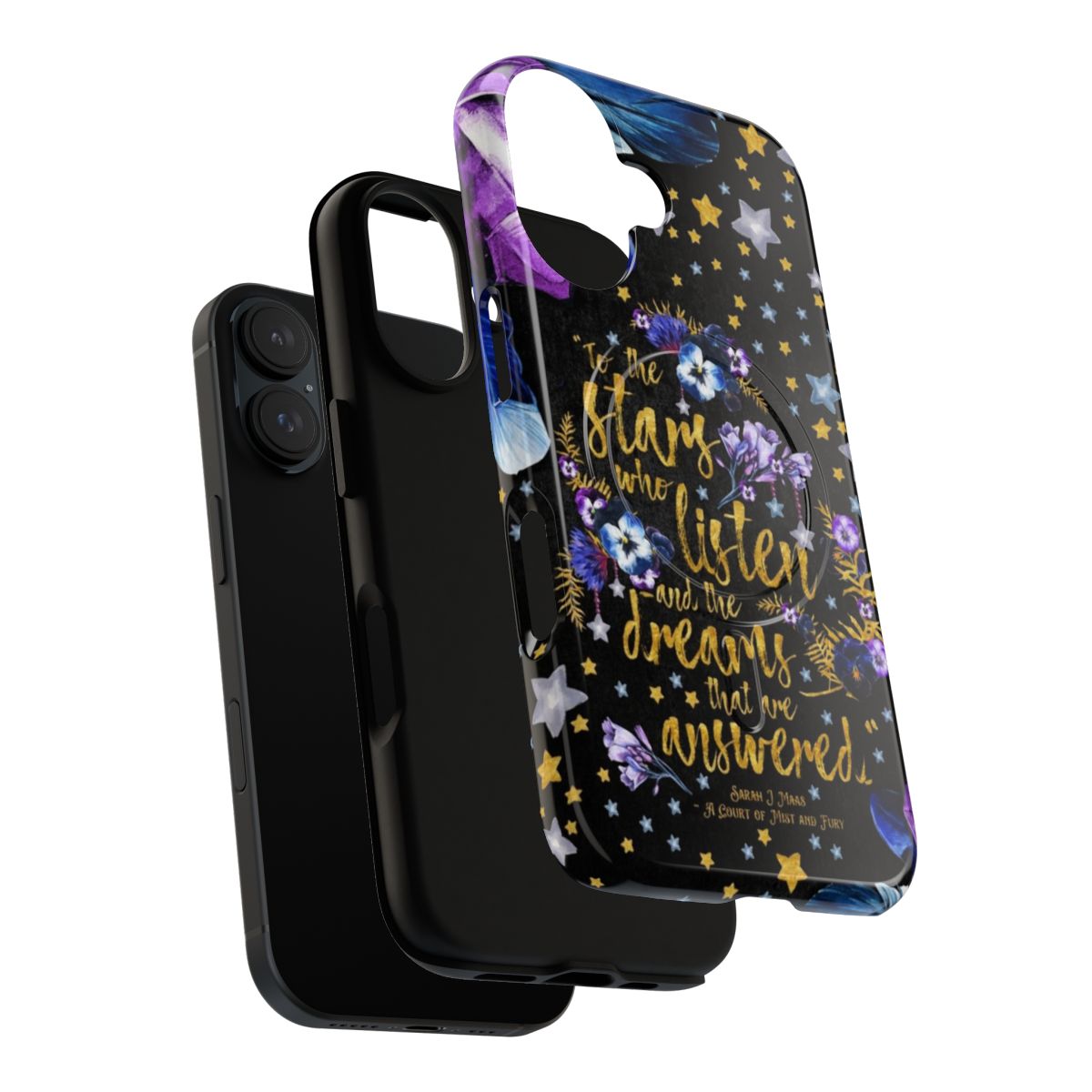 A magnetic phone case featuring a night sky design and an inspirational book quote. - Layers