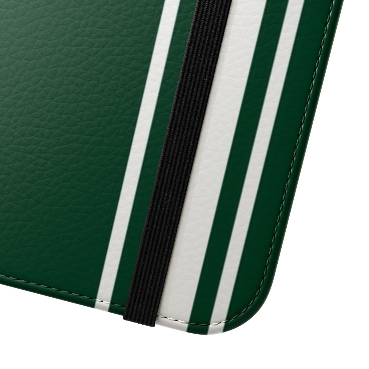 Dark green phone case with white pinstripes, inspired by classic British racing cars - Close Up