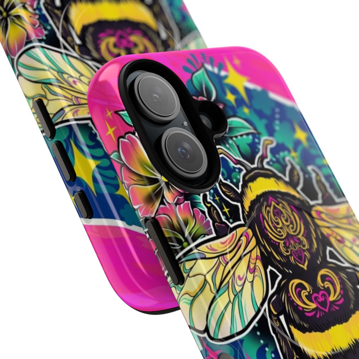 A colorful phone case featuring a digital illustration of a cute bumblebee in a bright, neon-inspired design. - Detail