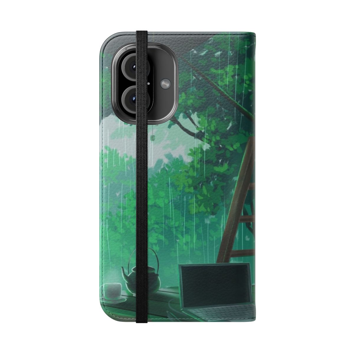 Flip cover phone case with a peaceful storm and nature landscape design - Folded Front