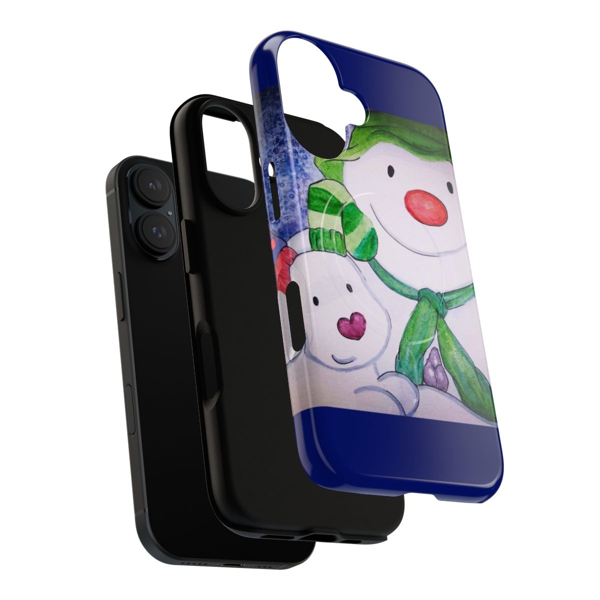 Watercolor-style illustration of a snowman and snowdog on a magnetic tough phone case - Layers