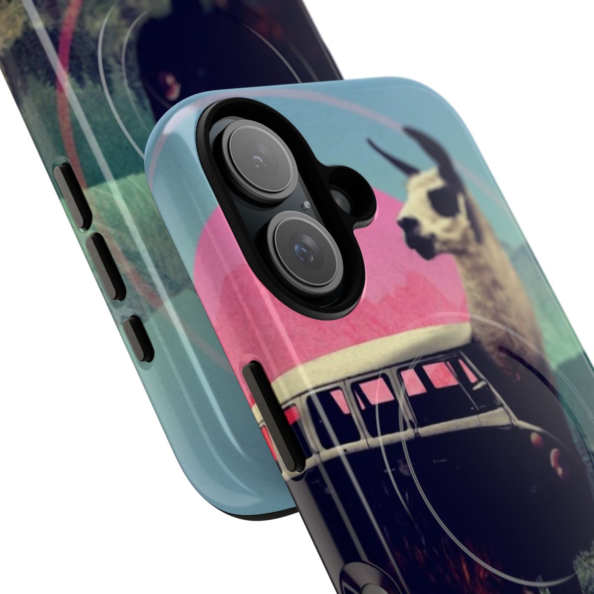 Llama-themed phone case with a colorful, graphic collage design - Detail